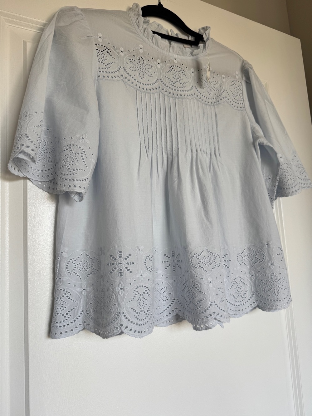 NWT MADEWELL Embroidered Pintuck High-Neck Top Soft Blue Size Small 100% Cotton